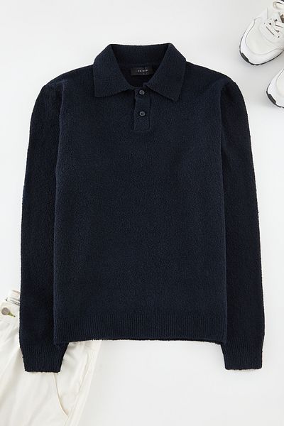 Trendyol Collection Πλεκτό πουλόβερ με υφή Navy Blue Regular Polo γιακά TMNAW25KZ00078