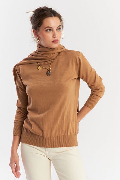 Cool & Modest Γυναικεία πλεκτή μπλούζα με αξεσουάρ Camel Shawl YV286