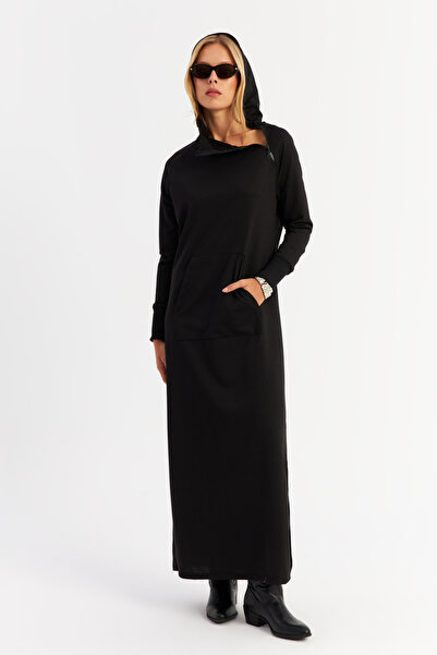 Cool & Modest Black Maxi Sweat Dress - Zip Collar, Women, Mtf12