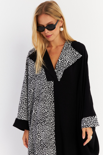 Cool & Modest Leopard Blocked Black Maxi Dámské šaty - Ecru Malo15