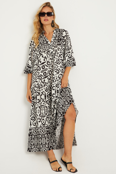 Cool & Modest Γυναικείο μίντι φόρεμα εκρού-μαύρο σχέδιο - MGÇ169