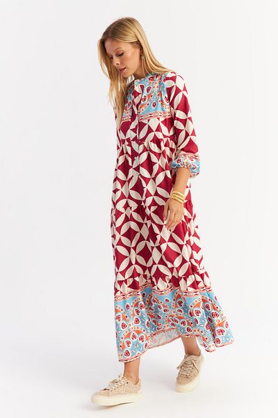 Cool & Modest Vínové vzorované Flounce Maxi dámské šaty - Myle14