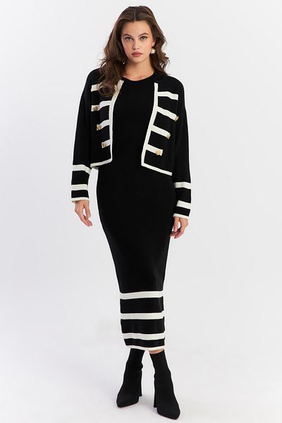 Cool & Modest Women's Black Button Accessory Knitwear Suit Nuv38