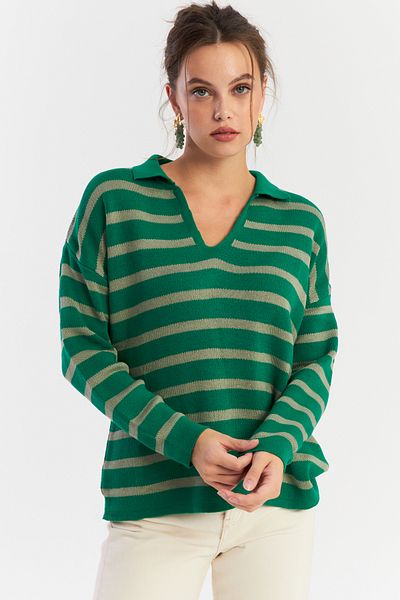 Cool & Modest Zöld-szürke pólógalléros női kötöttáru pulóver - SE01