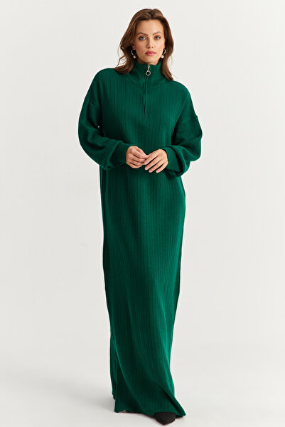 Cool & Modest Σμαραγδί πράσινο πλεκτό μάξι γυναικείο φόρεμα με φερμουάρ - MNUV10