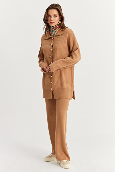 Cool & Modest Camel Women's Cardigan and Knitwear Set - Pearl Buttoned Mnuv26