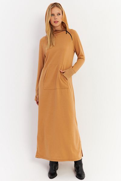 Cool & Modest Γυναικείο φόρεμα μάξι με φερμουάρ Camel Collar MTF12