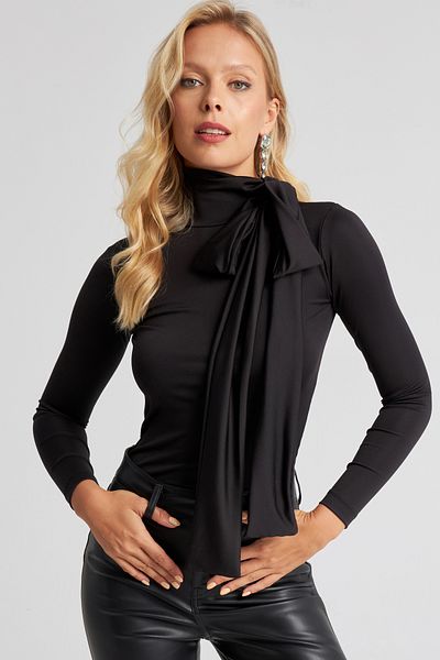 Cool & Modest Schwarze Damenbluse mit Schleifendetail – MEY2670
