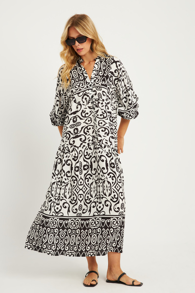 Cool & Modest Γυναικείο μίντι φόρεμα εκρού-μαύρο σχέδιο - MGÇ169