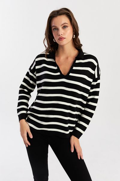 Cool & Modest Pulover de damă cu dungi cu gât polo - negru/ecru SE01