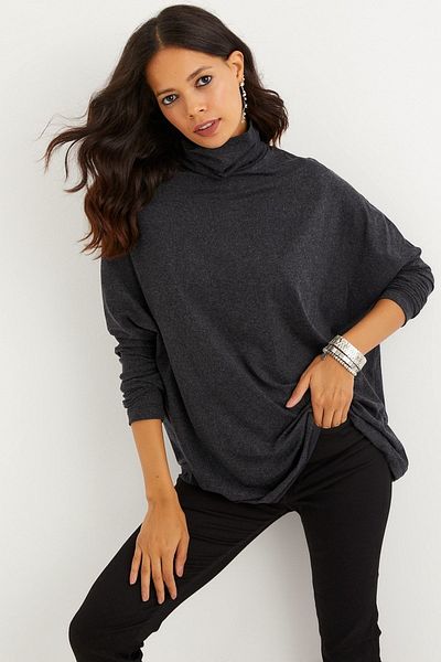 Cool & Modest Γυναικεία μπλούζα ψαρά με νυχτερίδα ανθρακί MEY1049