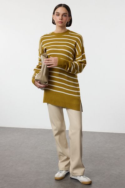 Trendyol Modest Πλεκτό πουλόβερ λαδιού πράσινου ριγέ μονό πιάτο TCTAW25AK00062