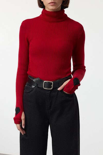 Trendyol Collection Pulover tricotat cu mâneci cu guler roșu TEDAW25KZ00034