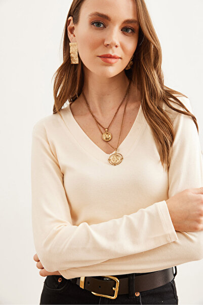 Olalook Women's Beige V-Neck Soft Touch Flexible Blouse Blz- 19002767