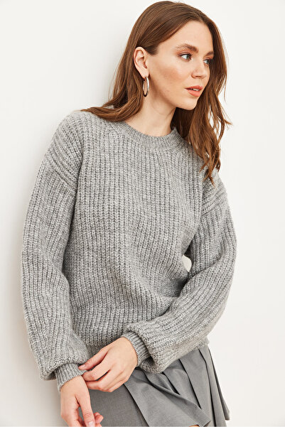 Olalook Women's Gray Thick Knit Raised Balloon Sleeve Knitwear Sweater Kzk- 19000863