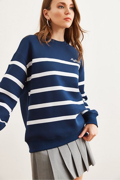 Olalook Γυναικείο φούτερ Navy Blue White ριγέ Oversize - SWT- 19000683