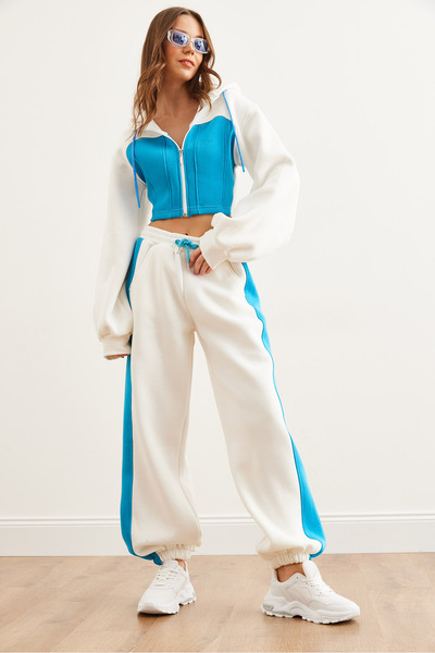 Olalook Kadın Mavi Renk Detaylı Şardonlu Kalın Kışlık Eşofman Takımı ETKM-0000073