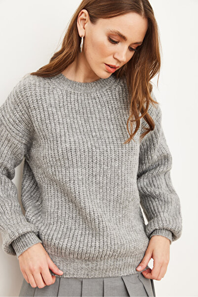 Olalook Women's Gray Thick Knit Raised Balloon Sleeve Knitwear Sweater Kzk- 19000863