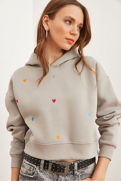 Olalook Yunus Gray Hooded Heart Crop Sweatshirt - Swt- 19000681