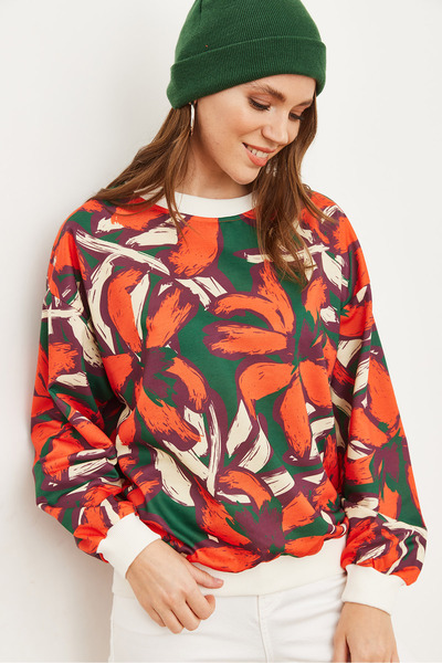 Olalook Kadın Turuncu Yeşil Basic Yumuşak Dokulu Salaş Sweatshirt SWT-19000457