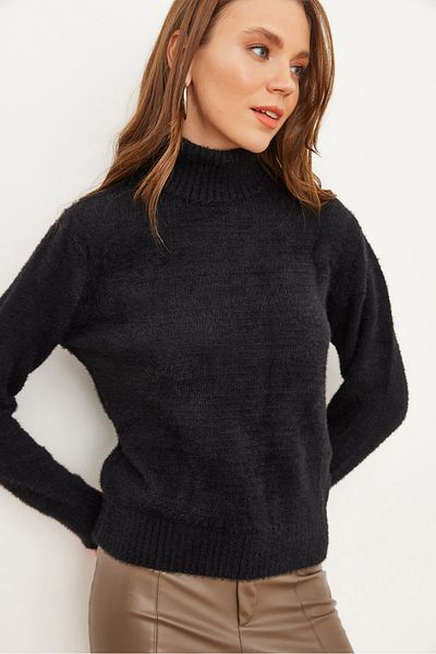 Olalook Pulover de damă negru cu gât țesut cu textura moale și barbă KZK- 19000861