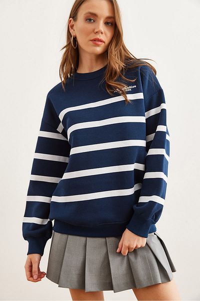 Olalook Γυναικείο φούτερ Navy Blue White ριγέ Oversize - SWT- 19000683