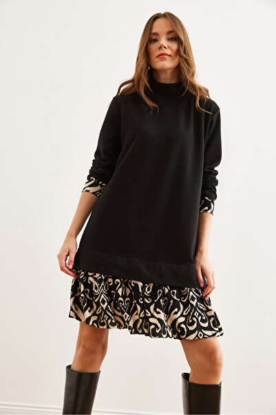 Olalook Kadın Siyah Şal Garnili Selanik Elbise ELB-19000965