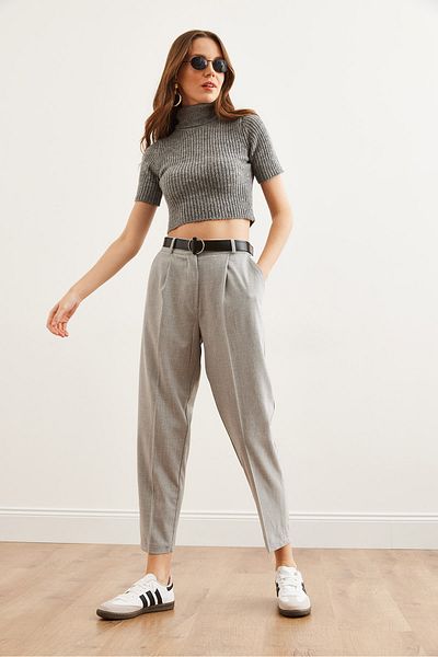 Olalook Pantaloni de damă, gri deschis, cu buzunare cu centură, cu un singur strat, din poliviscon, morcov PNT- 19000297