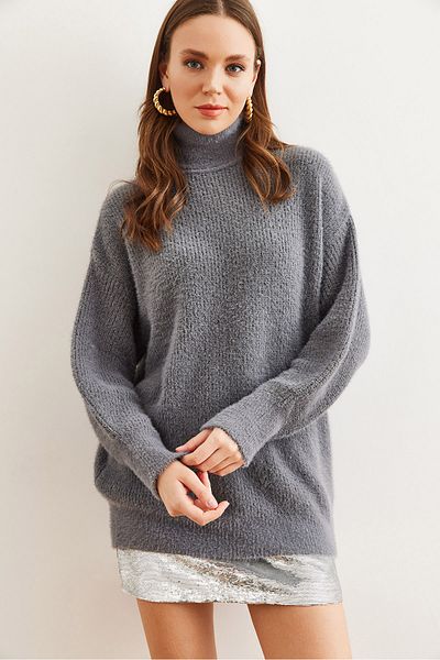 Olalook Anthrazitfarbene Rollkragenpullover für Damen mit weichem, strukturiertem Bart, Strick-Tunika TNK- 19000098