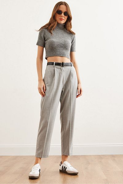 Olalook Pantaloni de damă, gri deschis, cu buzunare cu centură, cu un singur strat, din poliviscon, morcov PNT- 19000297