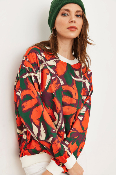 Olalook Kadın Turuncu Yeşil Basic Yumuşak Dokulu Salaş Sweatshirt SWT-19000457