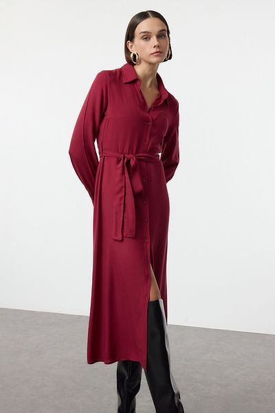 Trendyol Collection Μίντι υφαντό φόρεμα με μπορντό φύλλο βισκόζης TWOAW25EL00436
