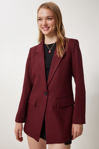 Happiness İstanbul Burgunderrote, wattierte, gewebte Blazerjacke für Damen HL00005