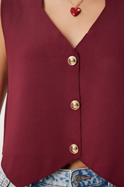 Happiness İstanbul Women's Burgundy V-Neck Stylish Buttoned Knitwear Vest Pf00100