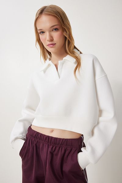 Happiness İstanbul Ecrufarbenes, geripptes Crop-Strick-Sweatshirt mit Polokragen für Damen HW00014