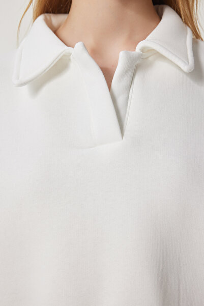 Happiness İstanbul Γυναικείο πλεκτό φούτερ με λαιμόκοψη εκρού πόλο HW00014