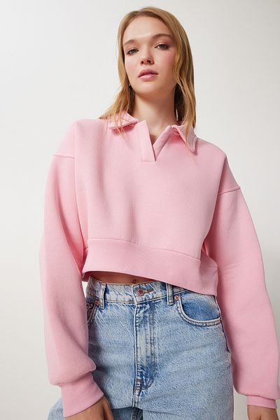 Happiness İstanbul Dámska ružová pletená mikina Polo Neck Raised Crop Hw00014