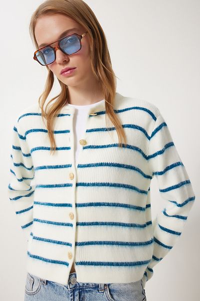 Happiness İstanbul Cardigan de damă, albastru, cu dungi, cu nasturi, cu dungi PF00051