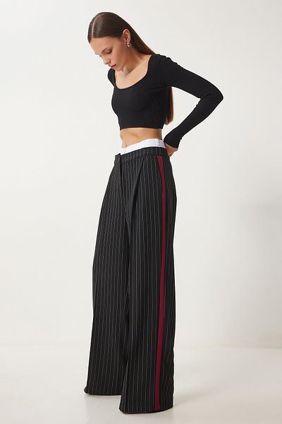 Happiness İstanbul Schwarze, kontrastierende, taillierte, gestreifte, gewebte Damenhose HL00006