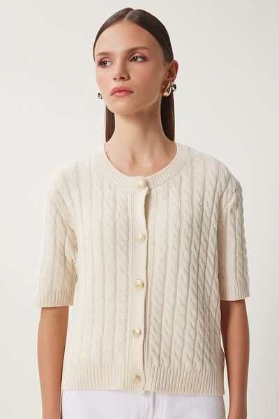 Happiness İstanbul Women's Cream Crew Neck Hair Braided Knitwear Cardigan Us00946