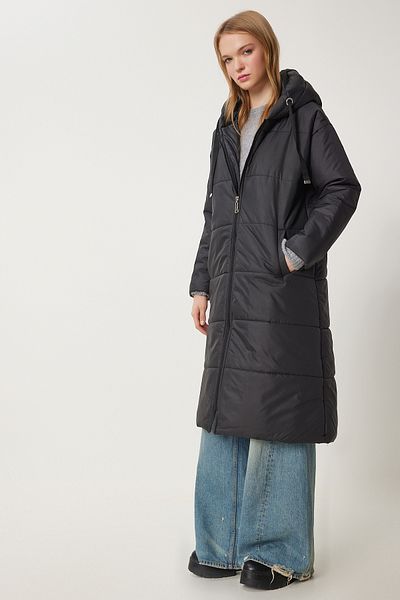 Happiness İstanbul Langer, schwarzer Puffermantel mit Kapuze für Damen DD01006