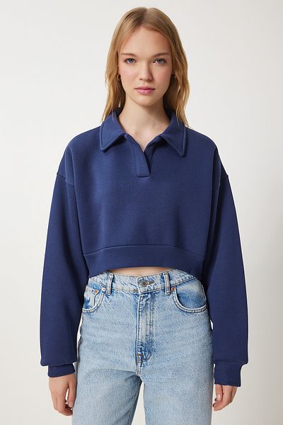 Happiness İstanbul Marineblaues, geripptes Crop-Strick-Sweatshirt mit Polokragen für Damen HW00014