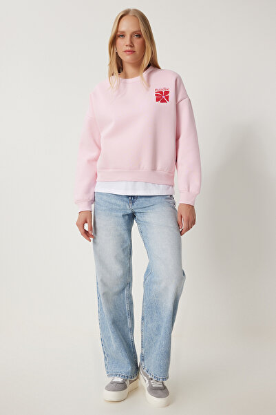 Happiness İstanbul Γυναικείο ροζ εμπριμέ πλεκτό φούτερ BF00099