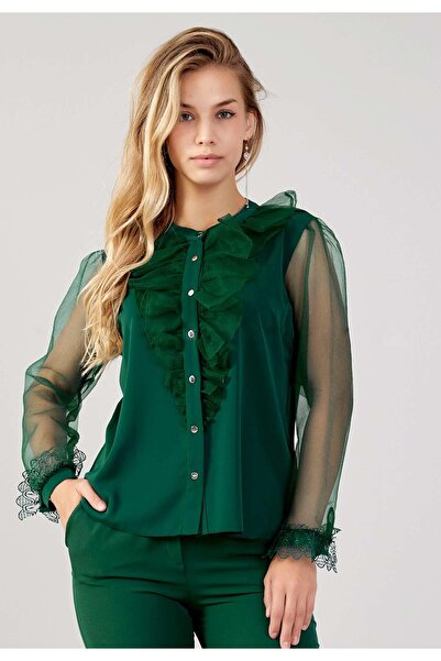 MİSS DİAMOND Jessica Fabric Green Blouse with Tulle Lace Detail on Sleeves