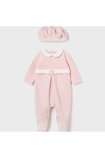 MAYORAL Velvet Colored Baby Girl Jumpsuit - Powder with Glitter Piping and Hat L25K2782