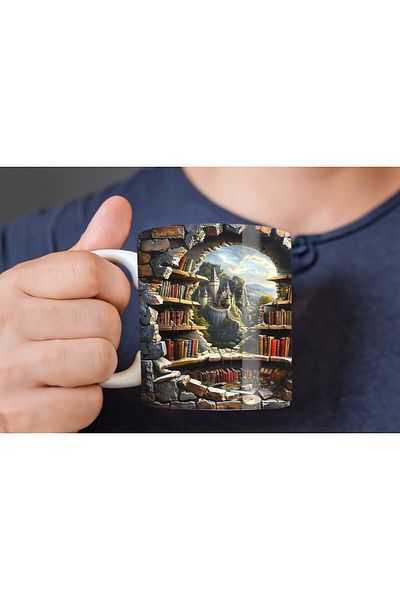 Evion Bookshelf Library Printed 3D Design Ceramic Mug - Gift Mug Cup