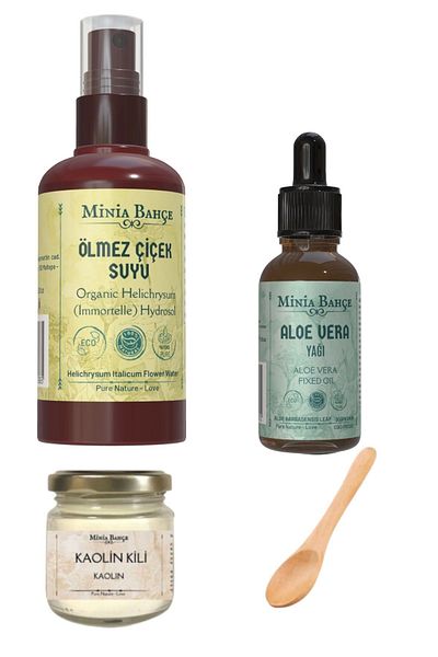 Minia Bahçe Bitki ve Sanat Atölyesi Immortal Flower Water 150ml, Aloevera Oil 30ml, Kaolin Clay 75gr100% Pure and Natural