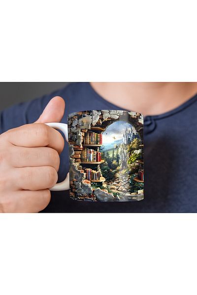 Evion Bookshelf Library Printed 3D Design Ceramic Mug - Gift Mug Cup
