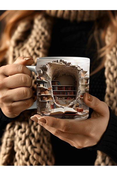 Evion Bookshelf Library Printed 3D Design Ceramic Mug - Gift Mug Cup