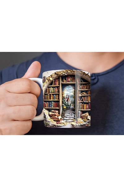 Evion كوب سيراميك بتصميم ثلاثي الأبعاد مطبوع عليه مكتبة خزانة الكتب - كوب هدية